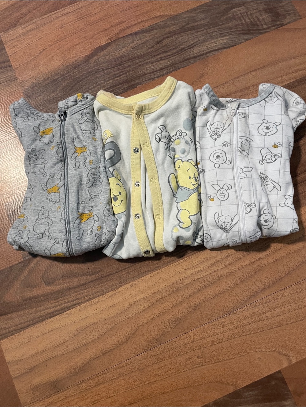 Disney Baby Winnie the Pooh Yellow & Gray Footie Sleepers - Set of 3